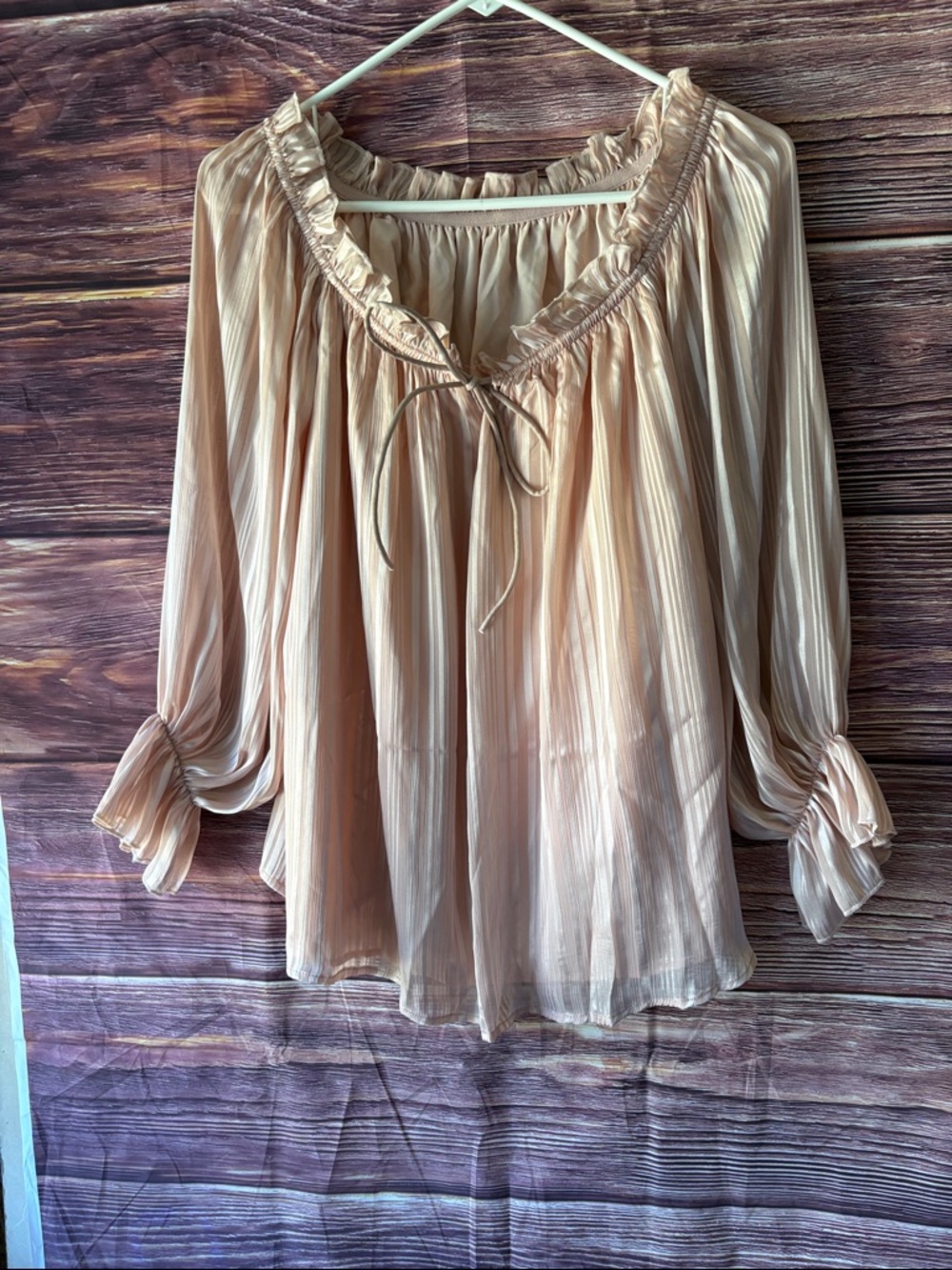 SHEIN Sheer Ruffle Peasant Blouse - Beige